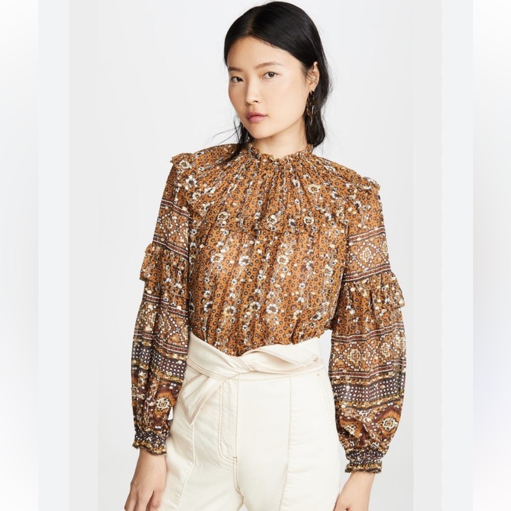 Ulla Johnson Eleni Floral Print Blouse in Brown and Cream